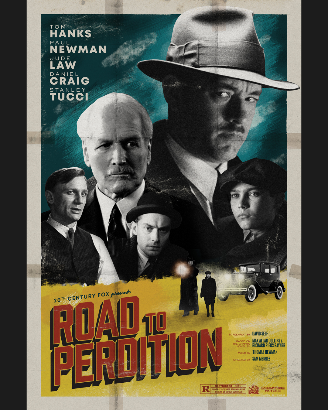 Road to Perdition movie poster with Tom Hanks, Paul Newman, Daniel Craig, and Jude Law
